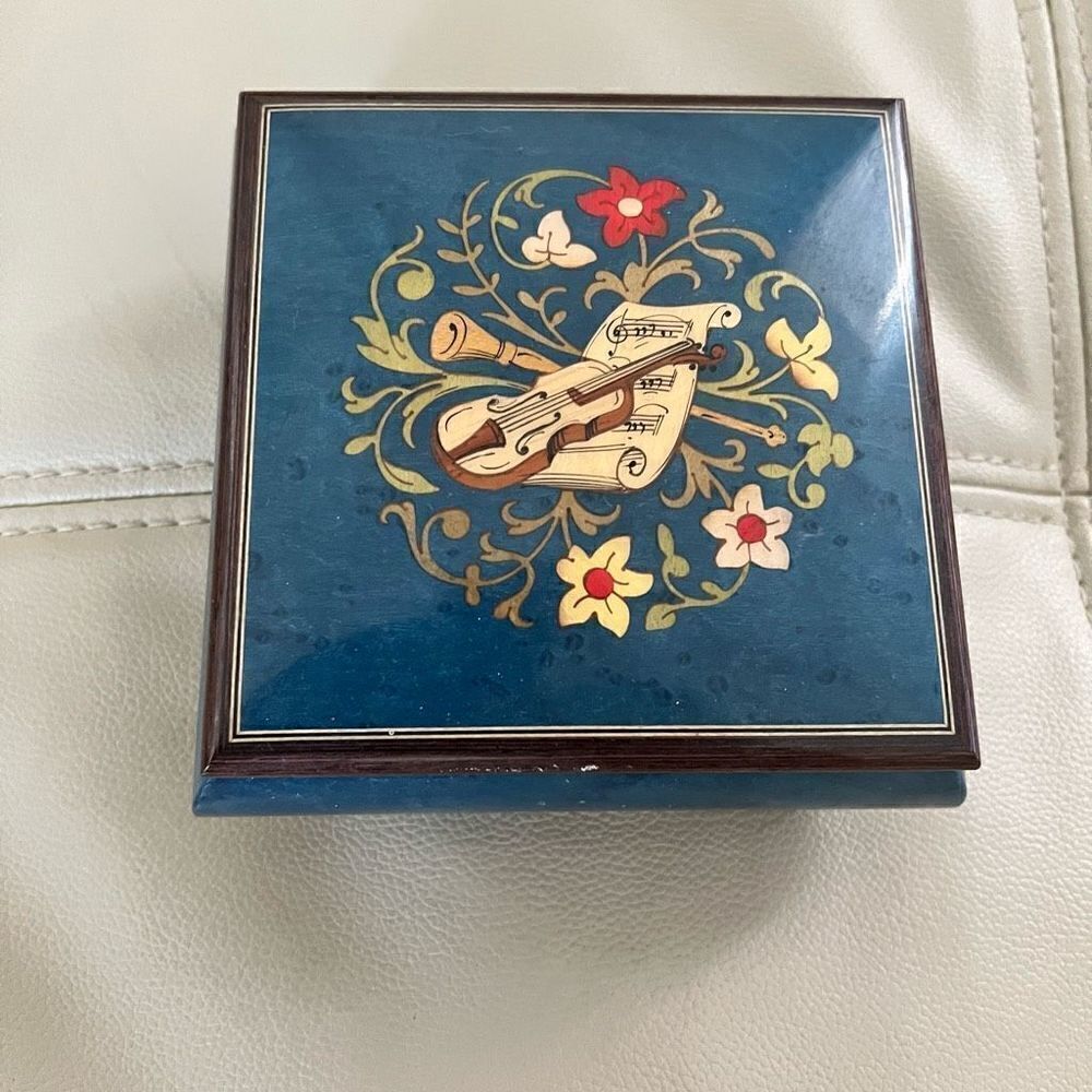 Vintage Italian Inlay Dark Blue Musical Jewelry Box